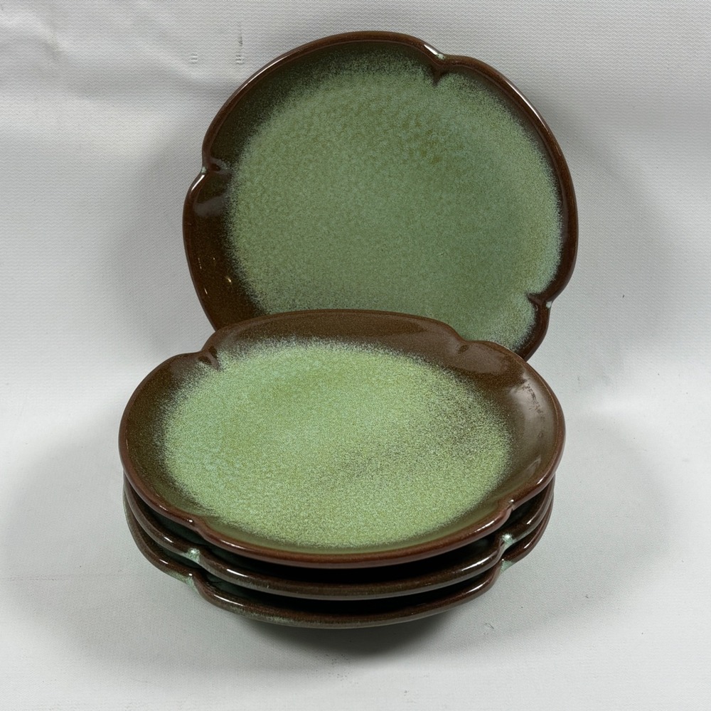 Frankoma Pottery 5E Scalloped Dessert App Plate Set of 4 Plainsman Prairie Green